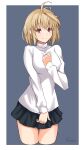  1girl ahoge antenna_hair arcueid_brunestud bare_legs blonde_hair breasts closed_mouth commentary cropped_legs hair_intakes highres long_bangs long_sleeves looking_at_viewer medium_breasts red_eyes short_hair skirt smile solo sweater tsukihime tsukihime_(remake) ttumupen turtleneck turtleneck_sweater white_sweater 