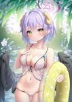  1girl bare_shoulders bikini black_wings blush breasts cleavage closed_mouth collarbone cowboy_shot curled_horns day feathered_wings flower hair_between_eyes hand_on_own_chest highres holding holding_innertube horns innertube navel original outdoors parted_lips pointy_ears purple_hair short_hair side-tie_bikini_bottom smile solo standing stomach swimsuit umou_(may65879) water wet white_bikini wings 