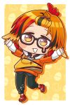  animare arms_up blush border chibi egg hair_ornament hairclip hood hoodie kazami_kuku nanashi_inc. orange_hair orange_hoodie paw_print red_footwear shirt short_hair sleeves_past_wrists teardrop-framed_glasses triangle_mouth virtual_youtuber white_border white_shirt zatoumusi 