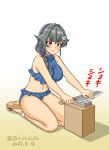  1girl bikini black_hair blue_bikini breasts dated frilled_bikini frills geru gradient_background hair_flaps hair_ornament hair_over_shoulder halterneck jingei_(kancolle) kantai_collection knife large_breasts long_hair low_ponytail official_alternate_costume red_eyes sandals seiza sharpening sitting solo swimsuit twitter_username whale_hair_ornament whetstone white_background 