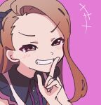  1girl black_dress black_hairband blush brown_hair close-up dress finger_to_mouth forehead grin hairband idolmaster idolmaster_(classic) idolmaster_2 index_finger_raised long_hair minase_iori nzeneee pink_background pink_eyes sketch smile solo swept_bangs 