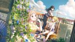  3girls :d against_railing ahoge bare_legs black_hair black_pants blonde_hair bottle brown_eyes brown_hair closed_eyes cloud cloudy_sky denim denim_shorts dress flower frilled_shirt frills game_cg glass_bottle hachimiya_meguru hand_on_own_chin hand_on_own_face high_ponytail holding holding_bottle idolmaster idolmaster_shiny_colors illumination_stars_(idolmaster) kazano_hiori light_brown_hair long_hair looking_up medium_hair multiple_girls off-shoulder_shirt off_shoulder official_art orange_tank_top outdoors pants plaid plaid_dress plant ponytail power_lines purple_shirt railing red_footwear sakuragi_mano shirt shoes short_sleeves shorts sitting sky sleeveless sleeveless_dress smile sneakers standing stroking_own_chin t-shirt tank_top thighs tied_shirt wavy_hair white_shirt yellow_dress 