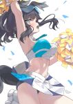  1girl animal_ears arm_up armpits bare_shoulders black_hair black_panties blue_archive blue_eyes blush breasts cheerleader confetti crop_top dog_ears dog_girl dog_tail goggles goggles_on_head halo hibiki_(blue_archive) highres holding holding_pom_poms long_hair looking_at_viewer medium_breasts midriff miniskirt navel official_alternate_costume open_mouth panties pantyshot pom_pom_(cheerleading) simple_background skirt sleeveless solo tail thighs underwear white_background yellow_halo yoshida_pino 