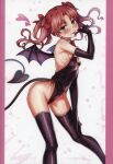  1girl absurdres black_gloves black_thighhighs blush bow breasts brown_eyes brown_hair closed_mouth cosplay demon_girl demon_tail elbow_gloves fake_tail fake_wings finger_to_mouth gloves hair_bow highres isshi_pyuma long_hair looking_at_viewer non-web_source shirai_kuroko small_breasts smile solo tail thighhighs toaru_kagaku_no_railgun toaru_majutsu_no_index tongue tongue_out twintails wings 
