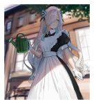 1girl alternate_costume apron aqua_flower aqua_hair black_dress blush border building collared_dress day dress expressionless flower gloves hair_flower hair_ornament hair_over_one_eye highres holding holding_watering_can isekai_joucho isshiki_(ffmania7) kamitsubaki_studio looking_to_the_side maid maid_apron maid_headdress multicolored_hair outdoors puffy_short_sleeves puffy_sleeves shade short_sleeves sketch solo sunlight two-tone_hair virtual_youtuber watering_can white_apron white_border white_eyes white_gloves white_hair 