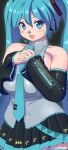  1girl :d aqua_eyes aqua_hair aqua_nails aqua_necktie bare_shoulders boots breasts breasts_squeezed_together collared_shirt commentary_request curvy detached_sleeves elbow_gloves gloves gradient_background grey_shirt hair_ornament hatsune_miku headphones headset highres huge_breasts long_hair looking_at_viewer mage_(harumagedon) miniskirt necktie own_hands_together pleated_skirt plump shirt simple_background skindentation skirt sleeveless sleeveless_shirt smile solo teeth thick_thighs thigh_boots thighs twintails upper_teeth_only vocaloid zettai_ryouiki 
