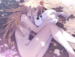  1girl blonde_hair breasts cat chainsaw_man commentary_request completely_nude cross-shaped_pupils highres horns ikanyoikanikan long_hair lying meowy_(chainsaw_man) messy_hair nude on_side orange_eyes petals power_(chainsaw_man) red_horns small_breasts symbol-shaped_pupils tree_shade 