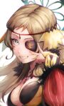  1girl aduti_momoyama black_feathers blonde_hair breasts circlet cleavage commentary eyepatch feather_collar feather_trim feathers fire_emblem fire_emblem_fates fire_emblem_heroes floating_clothes grey_eyes grin highres large_breasts long_hair looking_at_viewer o-ring official_alternate_costume ophelia_(fire_emblem) ophelia_(starlit_maiden)_(fire_emblem) smile solo swept_bangs upper_body v v_over_eye 