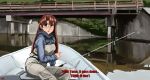  1girl alternate_costume azumanga_daioh blue_hoodie boat breasts bridge brown_eyes brown_hair commentary danlamdae day english_commentary english_text feet_out_of_frame fishing_rod glasses grey_overalls highres hood hood_down hoodie it_do_go_down_(meme) long_hair long_sleeves looking_at_viewer medium_bangs medium_breasts meme mizuhara_koyomi nervous open_mouth outdoors overalls parted_bangs pointing reflection reflective_water rimless_eyewear river sitting solo subtitled water watercraft 