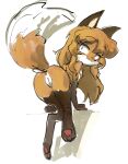  absurd_res anthro averi_(fiddleafox) bent_over brown_body brown_fur canid canine dipstick_tail female female_anthro fox fur genitals gloves_(marking) hair hi_res leg_markings looking_at_viewer looking_back looking_seductive mammal markings pawpads paws pussy socks_(marking) solo tail tail_markings unknown_artist white_body white_fur 