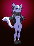  2023 aggressive_retsuko anthro blue_eyes bottomless bottomless_anthro bottomless_female breasts clothed clothing clothing_lift female flashing footwear full-length_portrait fur genitals headphones headphones_around_neck liebeslied looking_at_viewer mammal mephitid nipples no_underwear partially_clothed portrait purple_body purple_fur pussy sanrio shikabane shoes skunk smile solo standing 