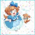  1girl animal_ears belt black_belt blue_bow blue_dress blue_eyes blue_headband bow brown_hair collar delicious_party_precure dog_ears dog_girl dog_tail dress frilled_collar frills hair_bow happy_birthday headband highres one_eye_closed pam-pam_(precure) pam-pam_(precure)_(human) pantyhose precure short_hair short_sleeves solo swept_bangs tail white_pantyhose yufu_kyouko 