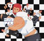  1boy alternate_body_hair arm_hair bamashengze bara beard chicken_print clothes_lift clothes_writing facial_hair fate/zero fate_(series) feet_out_of_frame from_side grin highres iskandar_(fate) large_pectorals leaning_forward looking_at_viewer looking_to_the_side male_focus male_underwear male_underwear_peek mature_male muscular muscular_male pectorals red_eyes red_hair sample_watermark shirt shirt_lift short_hair smile t-shirt thick_eyebrows translation_request underwear village white_male_underwear 