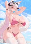  1girl animal_ears arm_strap armpits arms_up bare_shoulders bikini blush breasts choker closed_mouth cream_cod day eyewear_on_head hair_between_eyes highres horns huge_breasts indie_virtual_youtuber looking_at_viewer navel outdoors purple_eyes side-tie_bikini_bottom smile solo stomach sunglasses swimsuit tail thighhighs thighs underboob virtual_youtuber white_thighhighs wolf_ears wolf_girl wolf_tail 