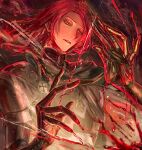  1boy ao_(en6gtl) bishounen black_gloves blood blood_on_hands blood_splatter fate/grand_order fate_(series) fighting_stance gloves harp instrument large_hands long_hair male_focus music parted_lips playing_instrument red_hair serious solo tristan_(fate) unusually_open_eyes upper_body yellow_eyes 