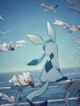  animal_focus arc_draws bird black_eyes blue_eyes bright_pupils closed_mouth commentary_request day fence glaceon highres no_humans outdoors pokemon pokemon_(creature) sitting sky white_pupils wingull 