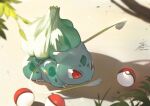  bulbasaur colored_skin fadingz green_skin no_humans poke_ball poke_ball_(basic) pokemon pokemon_(creature) red_eyes sand solo sunlight tendril 