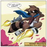  1:1 anthro blue_cape boots brynk_(artist) cape clothing english_text flying footwear guardians_of_the_galaxy hi_res laser_gun male mammal marvel metal_boots procyonid raccoon ranged_weapon rocket_boots rocket_raccoon silver_boots solo text weapon 