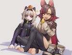  2girls animal_ears bare_shoulders barefoot black_pantyhose boots brown_hair ear_covers eating english_commentary feet flipped_hair food fruit gradient_legwear grey_hair highres hip_vent holding holding_food holding_fruit indian_style k-rha&#039;s knees_up long_hair long_sleeves multicolored_hair multiple_girls on_ground orange_eyes original pantyhose pear red_eyes shadow shoes shoes_removed short_hair simple_background sitting sleeves_past_fingers sleeves_past_wrists soles sparkle stirrup_legwear streaked_hair thighhighs toeless_legwear toes white_background 