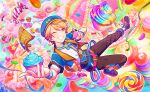  1boy alternate_costume bad_source blonde_hair blue_headwear cake candy cupcake fingernails food full_body gingerbread_man hat highres holding holding_food lollipop male_focus official_art one_eye_closed project_sekai shoelaces shoes short_sleeves smile solo star_(symbol) teeth tenma_tsukasa third-party_source wristband 