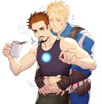  !? 2boys arc_reactor avengers_(series) bandaid bandaid_on_face bare_shoulders belt black_pants black_tank_top blonde_hair blue_bodysuit blush bodysuit brown_belt brown_gloves brown_hair buttons captain_america closed_eyes closed_mouth coffee collarbone cup english_commentary facial_hair fingerless_gloves ginmu gloves hands_up heart holding holding_cup hug hug_from_behind looking_down male_focus marvel multiple_boys pants pocket short_hair simple_background smile standing steam steve_rogers striped tank_top tony_stark white_background yaoi yellow_eyes 