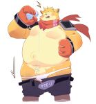  2023 anthro belly big_belly blush bottomwear clothing flaccid genitals hi_res kemono male mammal moobs overweight overweight_male pants penis scarf shirt small_penis solo surprise topwear yimingsama 