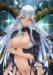  1girl blue_hair braid breasts curled_horns fate/grand_order fate/grand_order_arcade fate_(series) green_horns hair_between_eyes highres horns large_breasts large_horns larva_tiamat_(third_ascension)_(fate) long_hair long_horns looking_at_viewer magion02 midriff nail_polish navel pointy_ears red_eyes solo symbol-shaped_pupils tiamat_(fate) twin_braids very_long_hair x-shaped_pupils 