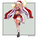  1girl animal_ears bare_shoulders bell blonde_hair breasts choker cleavage dark-skinned_female dark_skin detached_sleeves energy_wings fate/grand_order fate/grand_order_arcade fate_(series) fox_ears fox_girl full_body fur_trim gyaru hat highres kore_(kore) large_breasts long_hair looking_at_viewer nail_polish navel neck_bell one_eye_closed open_mouth santa_costume santa_hat smile suzuka_gozen_(fate) suzuka_gozen_(santa)_(fate) tan thighs twitter_username wide_sleeves yellow_eyes 