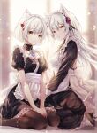  2girls alternate_costume animal_ears backlighting breasts cat_ears chest_jewel cleavage commentary dual_persona enmaided frills grey_hair highres long_hair looking_at_viewer m_(xenoblade) maid maid_headdress medium_breasts mio_(xenoblade) multiple_girls parted_lips short_hair sitting smile thighhighs ui_frara wariza xenoblade_chronicles_(series) xenoblade_chronicles_3 yellow_eyes 