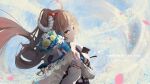  1girl arknights artist_name blue_flower bouquet brown_eyes brown_hair character_name closed_mouth eps3rd eyebrows_hidden_by_hair eyjafjalla_(arknights) eyjafjalla_the_hvit_aska_(arknights) floating_hair flower highres holding holding_bouquet horns jacket long_hair looking_at_viewer open_clothes open_jacket purple_shirt rose sheep_horns shirt side_ponytail smile solo upper_body very_long_hair white_flower white_jacket yellow_flower yellow_rose 