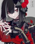  1boy armor black_hair choker closed_mouth flower grey_hair hair_ornament highres jacket japanese_armor kyogoku_masamune mochizuki_kei multicolored_hair necktie otoko_no_ko red_eyes red_flower red_jacket red_nails red_rose rose short_hair solo touken_ranbu upper_body 