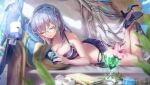  1girl breasts cleavage drink glasses hat heaven_burns_red high_heels highres izumi_yuki_(heaven_burns_red) large_breasts light_purple_hair long_hair lying non-web_source official_art on_stomach pillow round_eyewear solo straw_hat weapon 