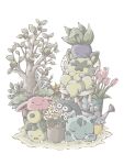  animal_focus berry_(pokemon) bulbasaur claws closed_mouth daisy flower hoppip no_humans oddish on_chair open_mouth plant pokemon potted_plant simple_background sleeping smile smoliv sprigatito tamio1724 tree tulip watering_can white_background white_flower yellow_flower 