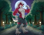  abs after_transformation anthro blueauradog bottomwear canid canine clothing flexing flexing_bicep full_moon generation_7_pokemon growth hi_res lycanroc male mammal midnight_lycanroc moon muscle_growth muscular muscular_male nintendo pants pokemon pokemon_(species) solo torn_bottomwear torn_clothing torn_pants transformation were werecanid werecanine 