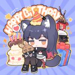 1girl absurdres animal_ears arknights black_footwear black_gloves black_hair black_pantyhose black_shorts box bright_pupils cake candle character_doll chibi colored_inner_hair ear_piercing fingerless_gloves food gift gift_box gloves happy_birthday hat highres holding holding_stuffed_toy huang_qing_ye jitome long_sleeves multicolored_hair pantyhose party_hat piercing pocky red_hair shoes shorts simple_background sitting solo stuffed_toy tail texas_(arknights) the_emperor_(arknights) white_pupils wolf_ears wolf_girl wolf_tail yellow_eyes 
