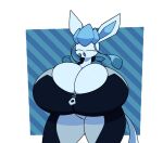  anthro big_breasts blue_body blue_fur blue_hair breasts cleavage clothed clothing dewy-eyedboy eeveelution eyes_closed female fur generation_4_pokemon glaceon hair hi_res huge_breasts huge_thighs hyper hyper_breasts nintendo open_mouth pokemon pokemon_(species) solo standing tail thick_thighs 