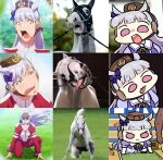  1girl :3 animal_ears commentary floating_hair gold_ship_(racehorse) gold_ship_(umamusume) grey_hair head_tilt highres horse horse_ears jacket jazz_jack looking_at_viewer multiple_views pants photo-referenced purple_eyes school_uniform stitched tongue tongue_out tracen_school_uniform track_jacket track_pants umamusume 