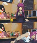  1girl :3 alcohol animal_ears bar_(place) bottle carrot closed_eyes drunk fumo_(doll) highres inaba_tewi long_hair necktie nyztsune purple_hair rabbit_ears rabbit_girl red_eyes reisen_udongein_inaba solo tank_top touhou 