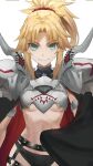  1girl absurdres armor blonde_hair braid breasts fate/apocrypha fate_(series) french_braid green_eyes hair_ornament hair_scrunchie highres long_hair looking_at_viewer parted_bangs ponytail red_scrunchie scrunchie sidelocks small_breasts smile solo tonee 