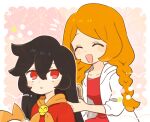  2girls ashley_(warioware) bebe_0620 black_hair blush blush_stickers braid brushing_another&#039;s_hair brushing_hair closed_mouth coat collarbone dot_nose dress eyelashes hair_between_eyes long_hair mona_(warioware) multiple_girls neckerchief nose_blush open_mouth orange_hair orange_neckerchief red_dress red_eyes twin_braids warioware white_coat 