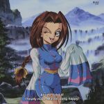  1990s_(style) 1girl 2023 bloody_roar bloody_roar_2 blue_shorts blujul braid breasts brown_eyes brown_hair chromatic_aberration commentary english_commentary english_text highres long_hair medium_breasts nonomura_uriko one_eye_closed open_mouth retro_artstyle short_shorts shorts signature single_braid sleeves_past_fingers sleeves_past_wrists smile solo subtitled 