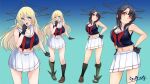  2girls bespectacled black_hair blonde_hair blue_shirt breasts choukai_(kancolle) choukai_(kancolle)_(cosplay) cosplay cowboy_shot full_body glasses green_eyes headgear kantai_collection large_breasts long_hair maya_(kancolle) maya_(kancolle)_(cosplay) midriff multiple_girls multiple_views pleated_skirt red_eyes sailor_collar shirt short_hair short_hair_with_long_locks skirt sleeveless sleeveless_shirt standing takao_(kancolle) udukikosuke white_sailor_collar white_skirt 