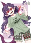  1girl 1other chupacabra fingernails fire green_shirt green_shorts horns long_fingernails long_hair multiple_views open_mouth purple_hair purple_horns red_eyes sharp_fingernails sharp_teeth shirt short_sleeves shorts single_horn smile syringe tail teeth tenkajin_chiyari test_tube touhou zetsumame 