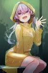  1girl :d blue_eyes blush feet_out_of_frame flat_chest highres hood hood_up long_sleeves looking_at_viewer naked_raincoat nipples open_mouth outdoors pon_(shind_997) rain raincoat see-through short_hair_with_long_locks sitting smile solo transparent_raincoat vocaloid voiceroid water waving yuzuki_yukari 