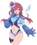  1girl blue_eyes blue_gloves blue_jacket blue_shorts blush breasts chemaru_(a8l) commentary_request cropped_jacket gloves hair_ornament highres jacket midriff navel one_eye_closed one_side_up open_mouth pokemon pokemon_(game) pokemon_bw red_hair short_hair_with_long_locks short_shorts shorts sidelocks simple_background skyla_(pokemon) smile solo teeth thigh_pouch thigh_strap thighs tongue turtleneck white_background 