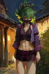 1girl abs absurdres artist_name black_mask breasts building bush canvas_(medium) city_lights collarbone commentary crop_top cropped_jacket faux_traditional_media genshin_impact green_hair hair_between_eyes hair_ornament highres impasto jacket kuki_shinobu long_hair looking_at_viewer mask midriff mouth_mask navel night night_sky ninja_mask outdoors painterly ponytail purple_eyes purple_jacket purple_rope ravine_bells rope short_shorts shorts sky solo standing star_(sky) starry_sky upper_body 