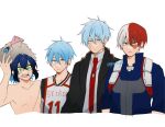  4boys :d basketball_uniform black_robe blue_hair blue_shirt boku_no_hero_academia burn_scar closed_mouth collarbone collared_shirt cropped_torso genjitsu_o_miro green_eyes grey_hair grey_shirt hair_between_eyes hashibira_inosuke jewelry kimetsu_no_yaiba kuroko_no_basuke kuroko_tetsuya lance_crown looking_at_viewer mashle mask mask_on_head multiple_boys necklace necktie open_clothes open_robe pig_mask planet_earrings red_hair red_necktie robe scar scar_on_face shirt simple_background smile sportswear teeth todoroki_shouto upper_body 