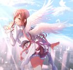  1girl absurdres angel_wings ass bird blue_sailor_collar blue_sky blush building citrusmikan city cityscape cloud cloudy_sky day feathered_wings from_behind hair_ornament highres idolmaster idolmaster_shiny_colors long_hair long_sleeves looking_at_viewer looking_back open_mouth osaki_amana outdoors red_hair red_shorts sailor_collar scenery shirt shorts sky smile solo swept_bangs waving white_shirt white_wings wings yellow_eyes 