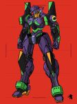  absurdres apoloniodraws artist_name clenched_hands eva_01 evangelion_(mecha) full_body glowing glowing_eye highres horns joints logo mecha neon_genesis_evangelion nerv no_humans rebuild_of_evangelion red_background redesign robot robot_joints science_fiction single_horn solo standing white_eyes 