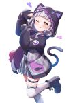  1girl :p absurdres animal_ears animal_hood animal_print blunt_bangs blush boots cat_hood cat_tail fake_animal_ears fish_print grey_hair highres hololive hood hood_up hoodie kneehighs long_sleeves looking_at_viewer murasaki_shion murasaki_shion_(school_uniform) one_eye_closed plaid plaid_skirt simple_background skirt smile socks solo striped tail tmo-cat tongue tongue_out vertical_stripes virtual_youtuber white_background yellow_eyes 